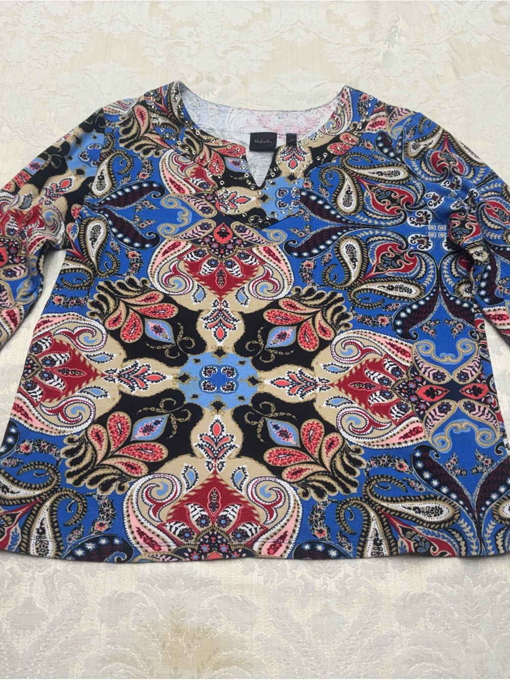 Rafaella Paisley V-Neck Long Sleeve Top in Blue, Red & Cream